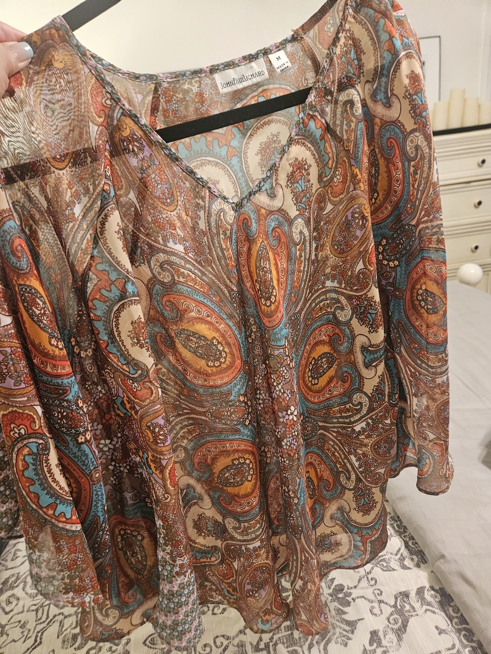 JohnPaulRichard Sheer Paisley V-Neck Blouse - Brown, Teal & Orange